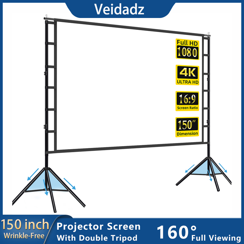 Home Cinema Screen - Veidadz หน้าจอโปรเจคเตอร์พร้อมขาตั้งสีขาวไร้ริ้วรอยมุมมอง ° 160 60-150นิ้วโฮมเทียเตอร์หน้าจอสองด้านกลางแจ้ง